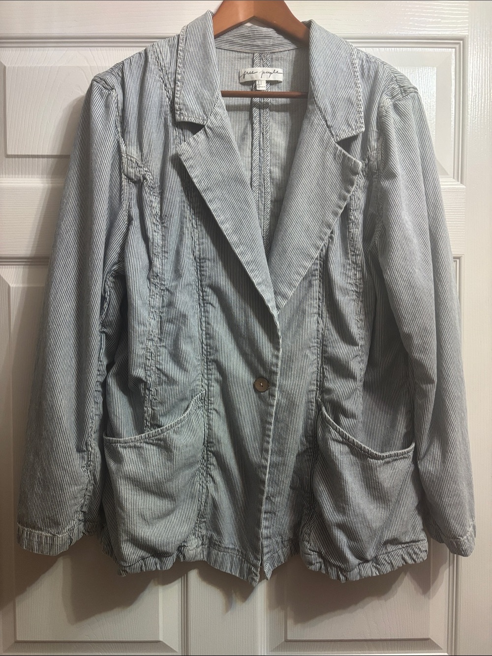 Free People Pale Blue Striped Cotton Blazer - Size 14